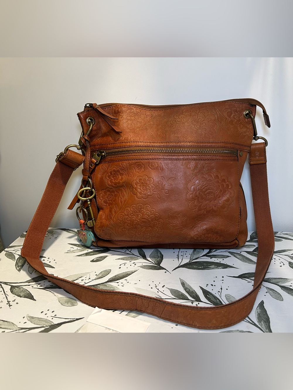 Fossil Floral Embossed Leather Crossbody Bag